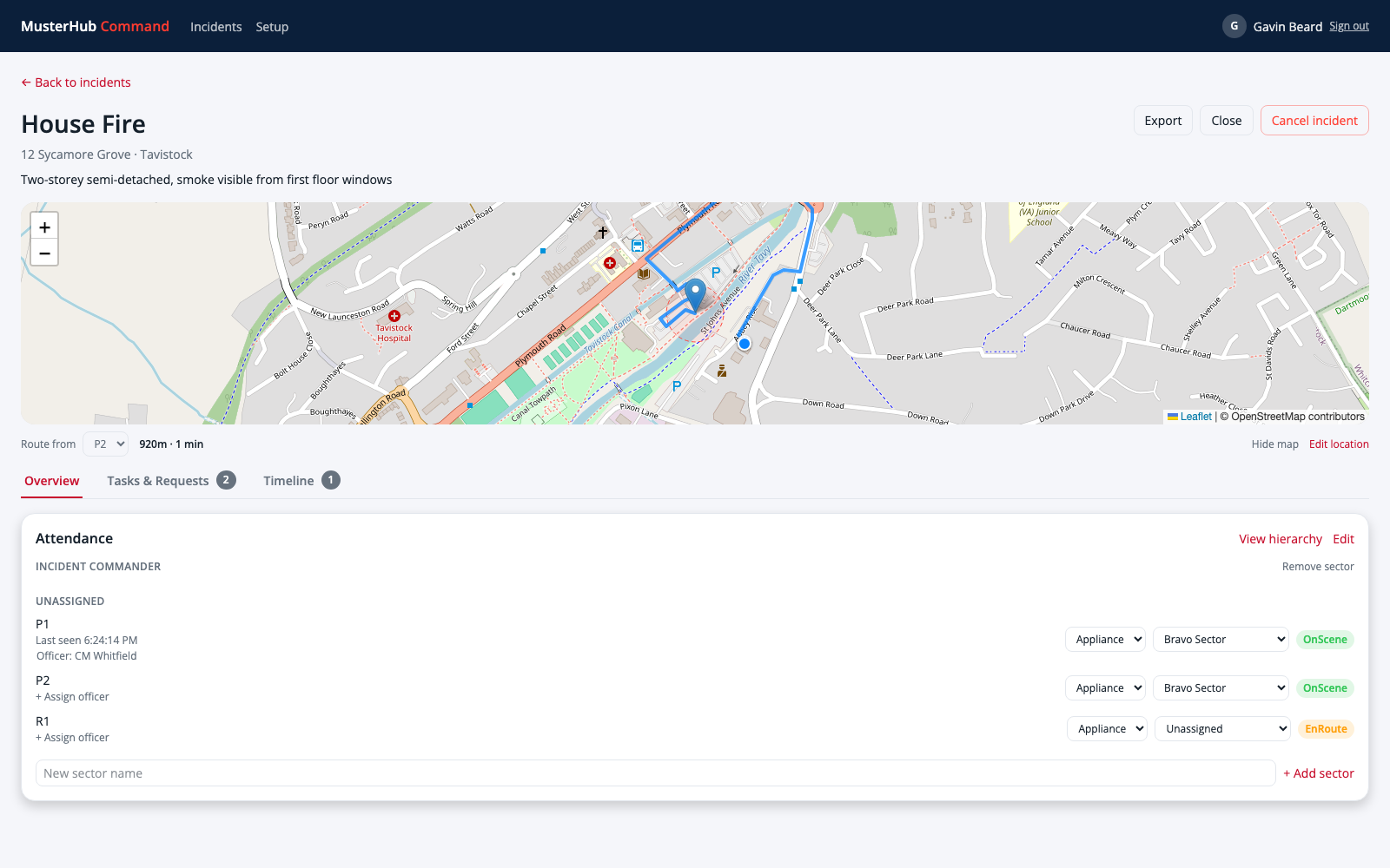 A live incident in MusterHub Command: sector-grouped attendance, live routing on the map, and tabbed Overview/Tasks/Timeline navigation