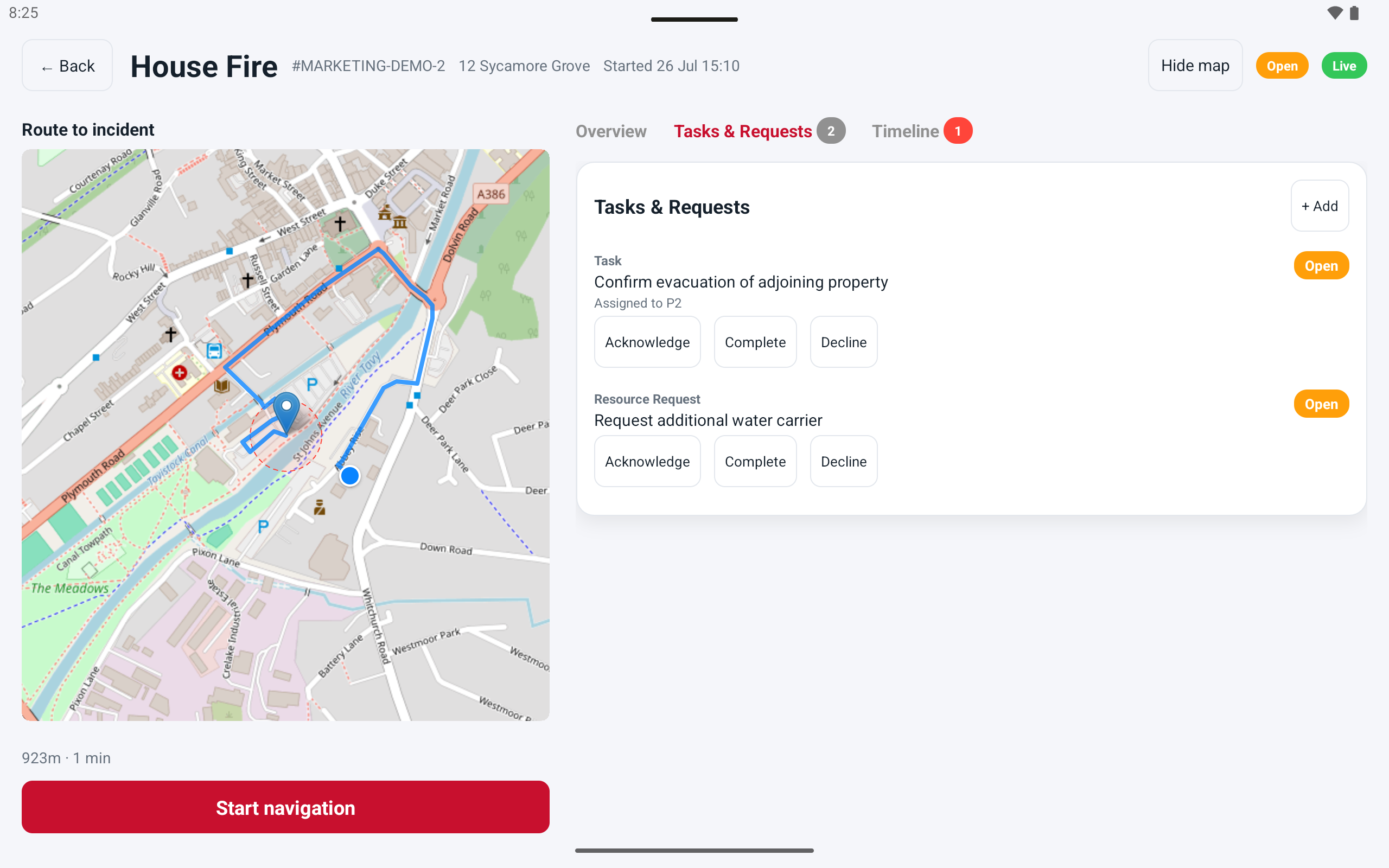 Tasks and Requests on the appliance tablet, with Acknowledge, Complete and Decline actions