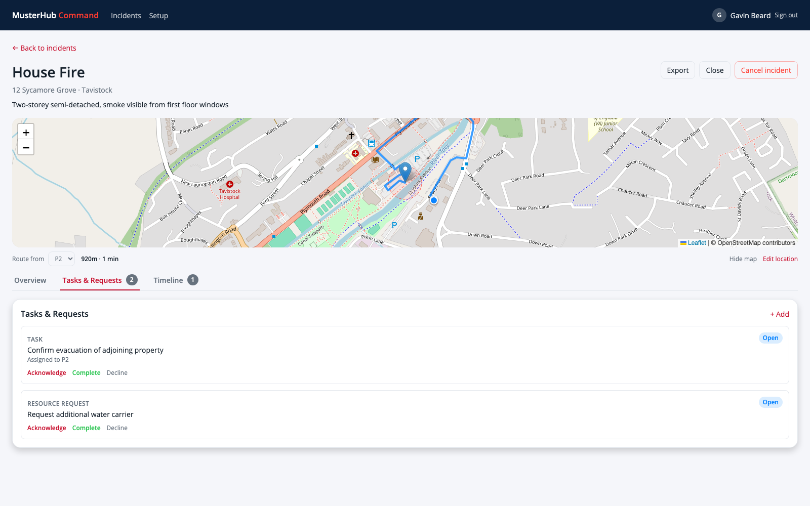 The Tasks and Requests tab: a task assigned to an appliance and a resource request, each tracked through acknowledged, completed or declined