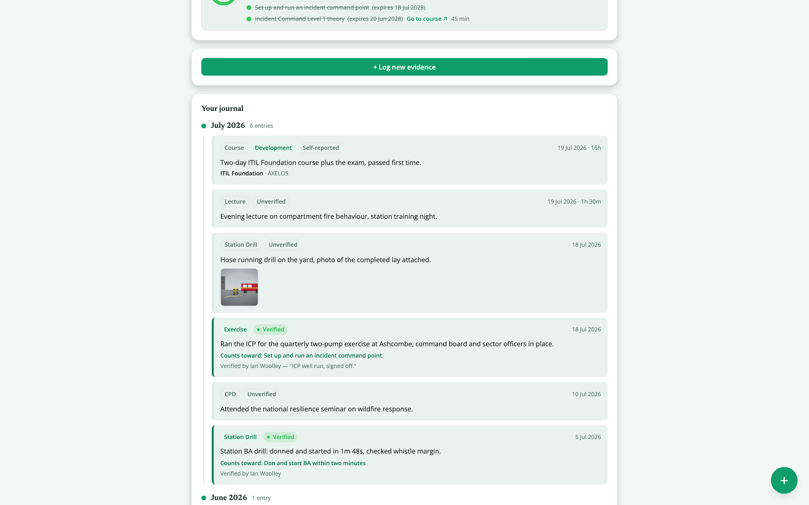 The evidence journal: a monthly timeline of drills and CPD with photo evidence attached