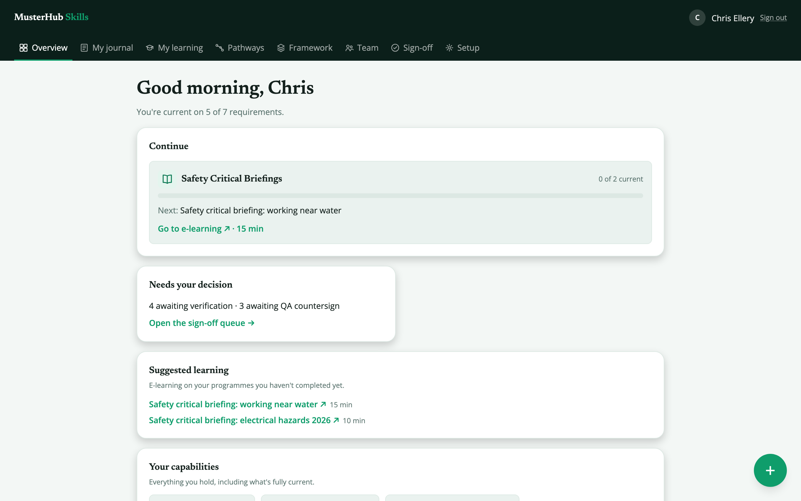The Skills Today page: what to continue, decisions waiting, capabilities held and latest activity