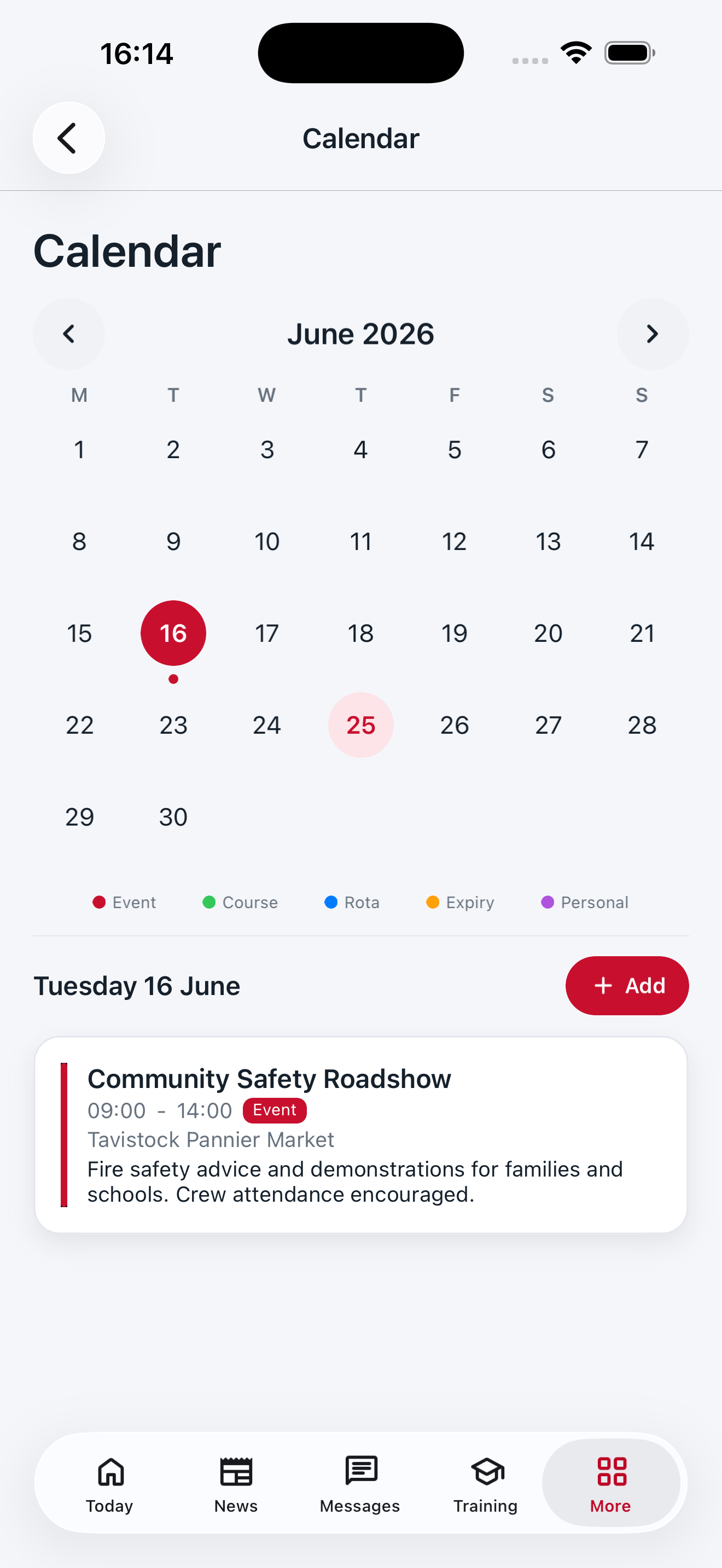 Calendar view with event dots and categories