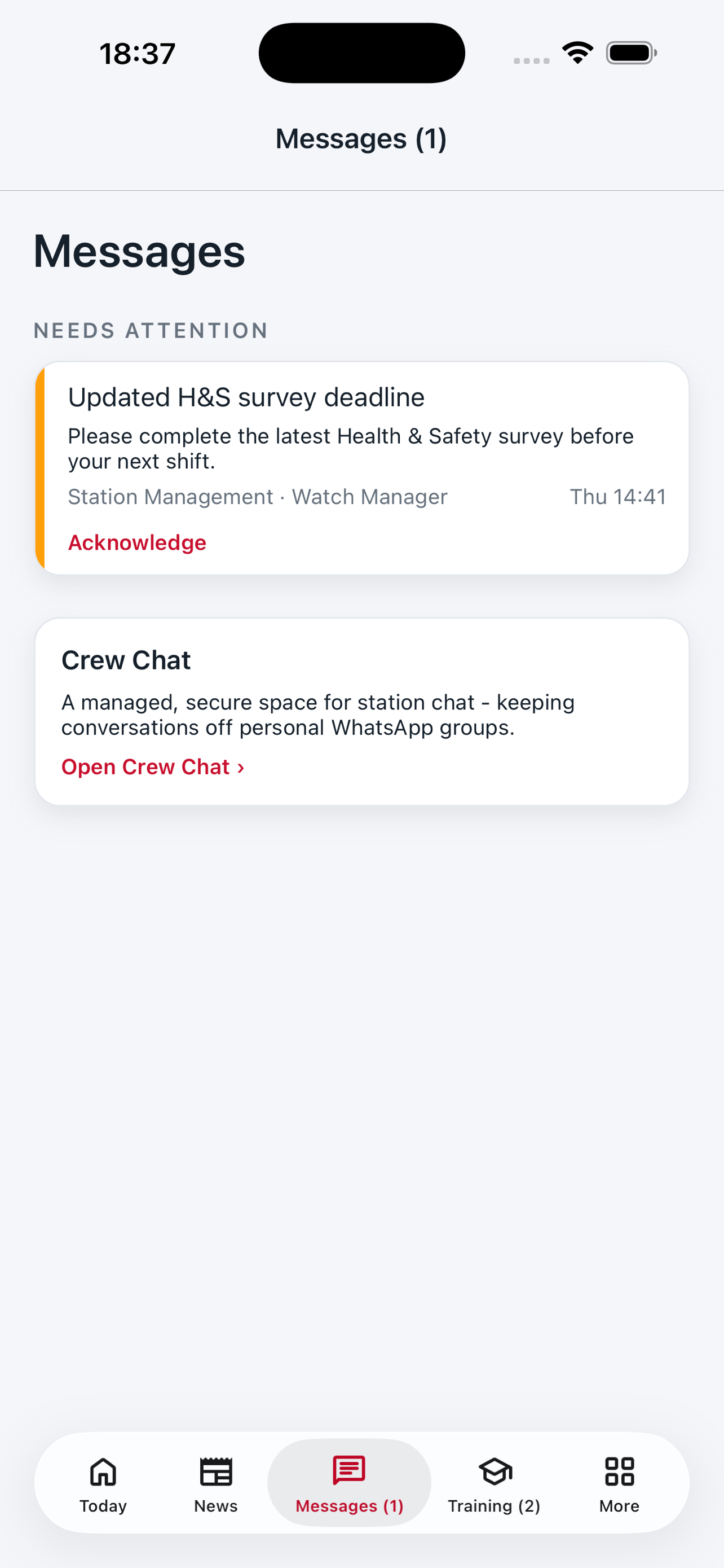 Messages inbox with acknowledgement tracking