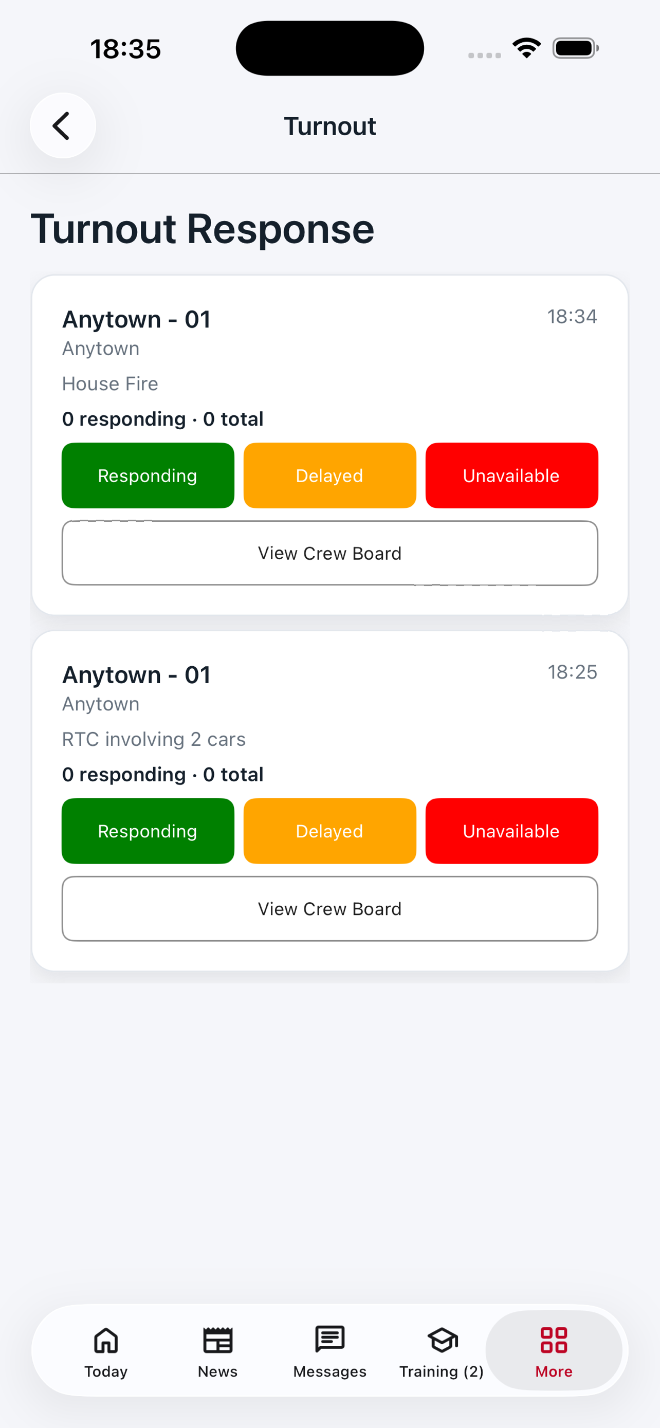 Turnout response screen with crew responding to an incident