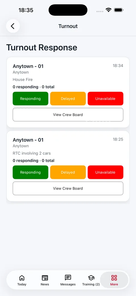 Core turnout alert screen with response options