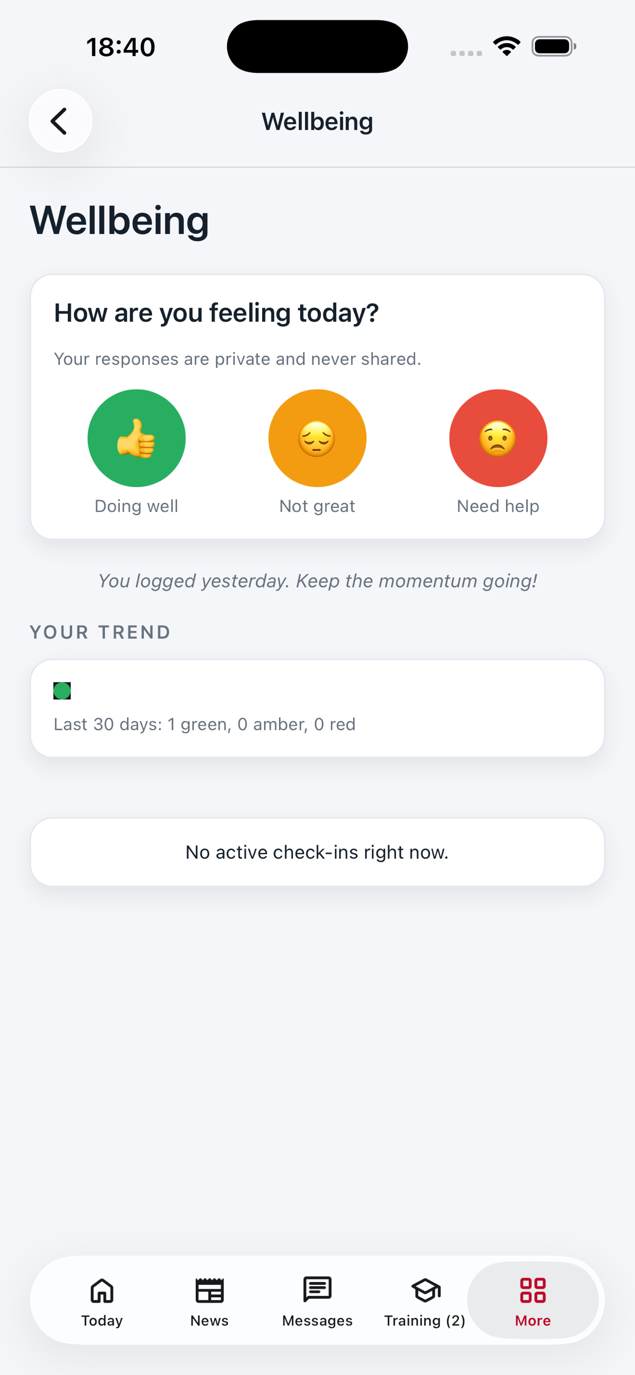 Wellbeing check-in with anonymous RAG status and personal journal
